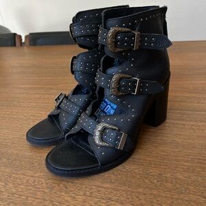 Dingo Black Studded Buckle Heeled Sandals